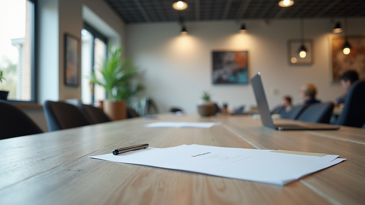 Eye-level view of a modern office workspace with branding materials